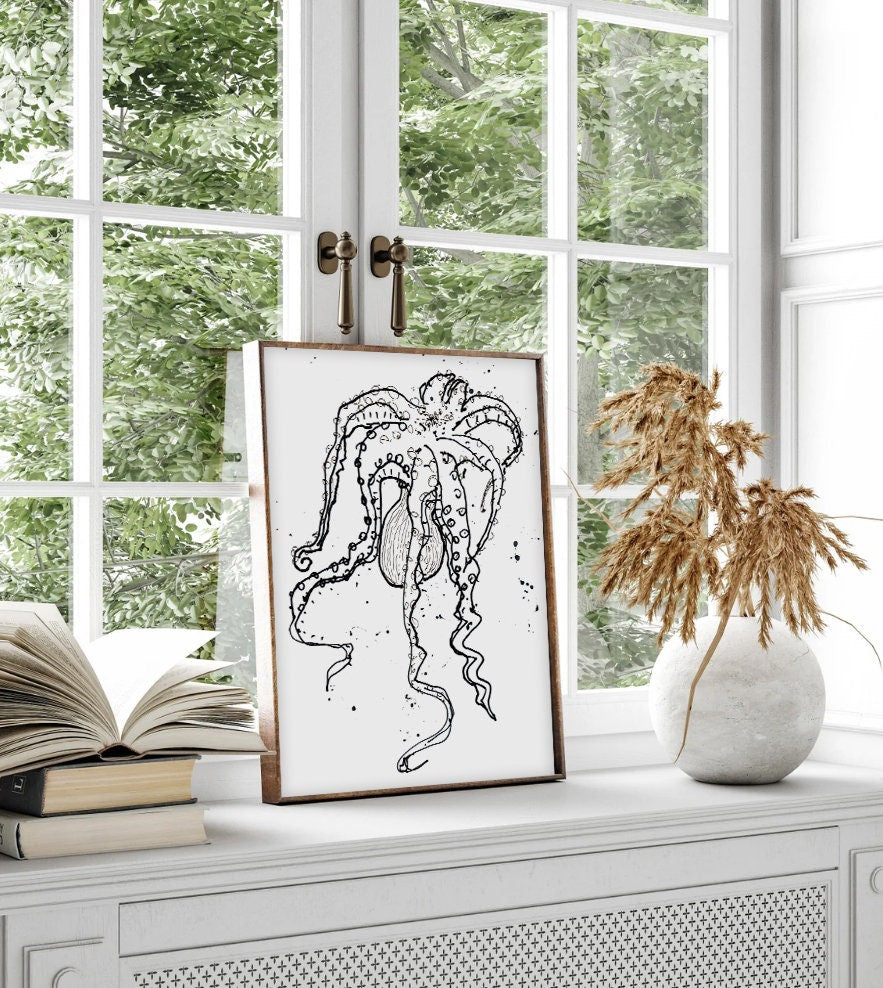 Octopus Art, Kraken Nautical Print, Beach House, Sea Creature Wall Decor, Scuba Life Art, Underwater Pint, Octopus Illustration, Tentacles
