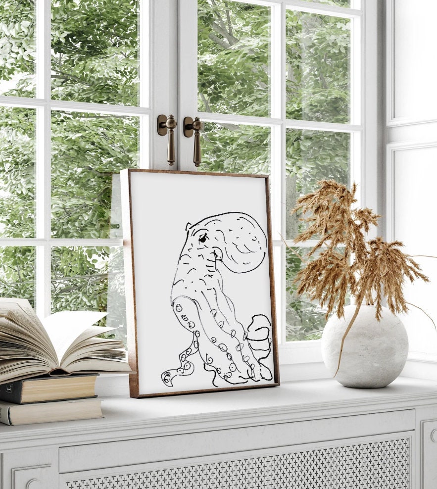 Octopus Lover Decor, Print for Nautical Room, Octopod Illustration, Octopus Png