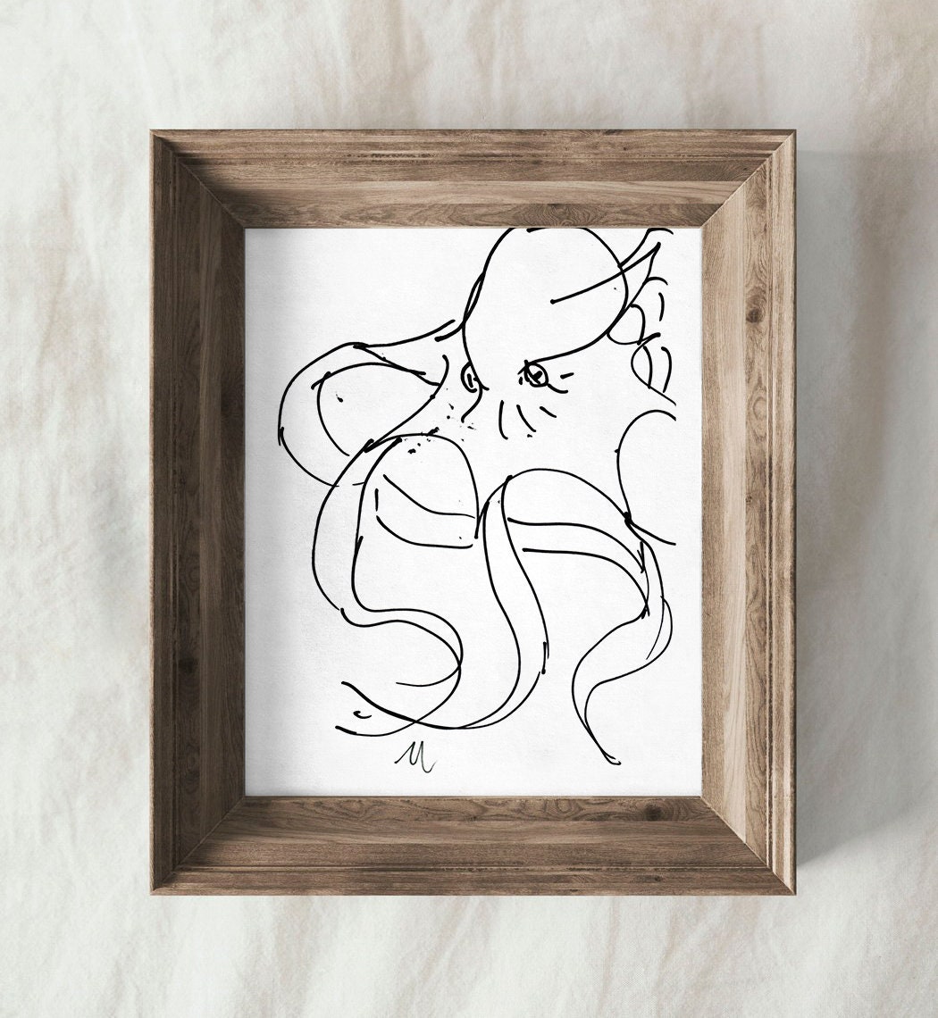 Whimsical Octopus Print, Digital Illustration, Ink Line Art, Sea Creature Poster, Kraken Wall Art