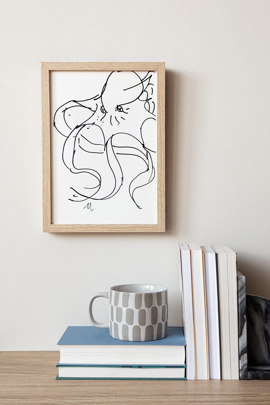 Whimsical Octopus Print, Digital Illustration, Ink Line Art, Sea Creature Poster, Kraken Wall Art