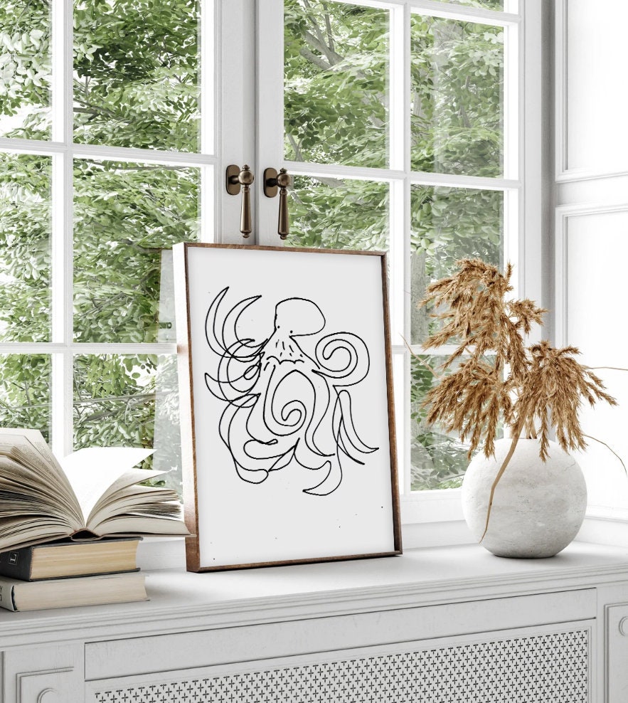Funny Octopus Art, Ocean Baby Shower, Bathroom Octopod Sketch, Whimsical Octopus Drawing