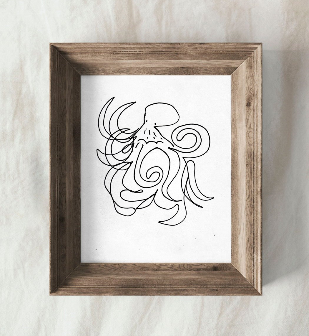 Funny Octopus Art, Ocean Baby Shower, Bathroom Octopod Sketch, Whimsical Octopus Drawing