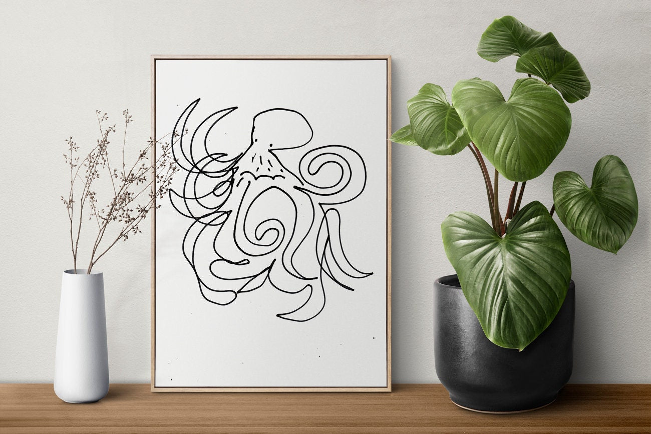 Funny Octopus Art, Ocean Baby Shower, Bathroom Octopod Sketch, Whimsical Octopus Drawing