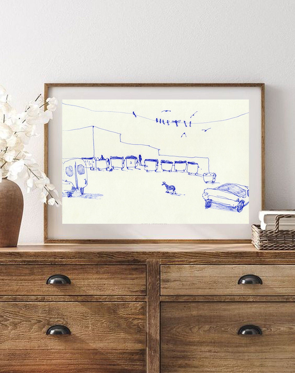 Urban Sketch Digital Print, Minimalist Decor, Printable Modern Art, Trash Cans Print, Dog Print, Hand Drawn Style Print, Pen and Ink art