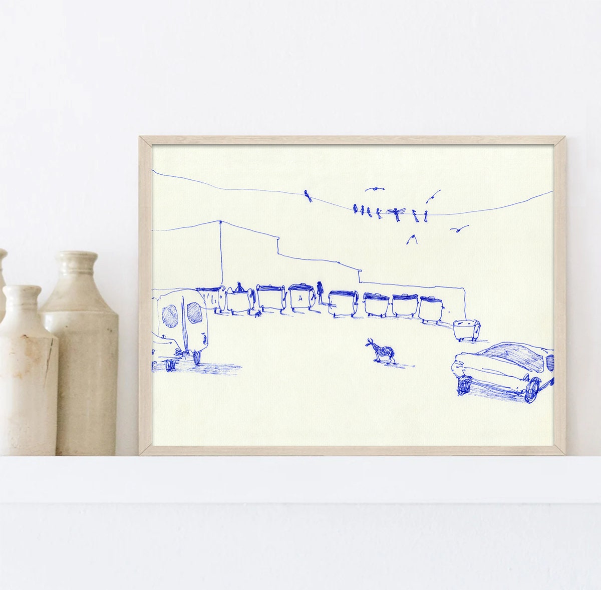 Urban Sketch Digital Print, Minimalist Decor, Printable Modern Art, Trash Cans Print, Dog Print, Hand Drawn Style Print, Pen and Ink art