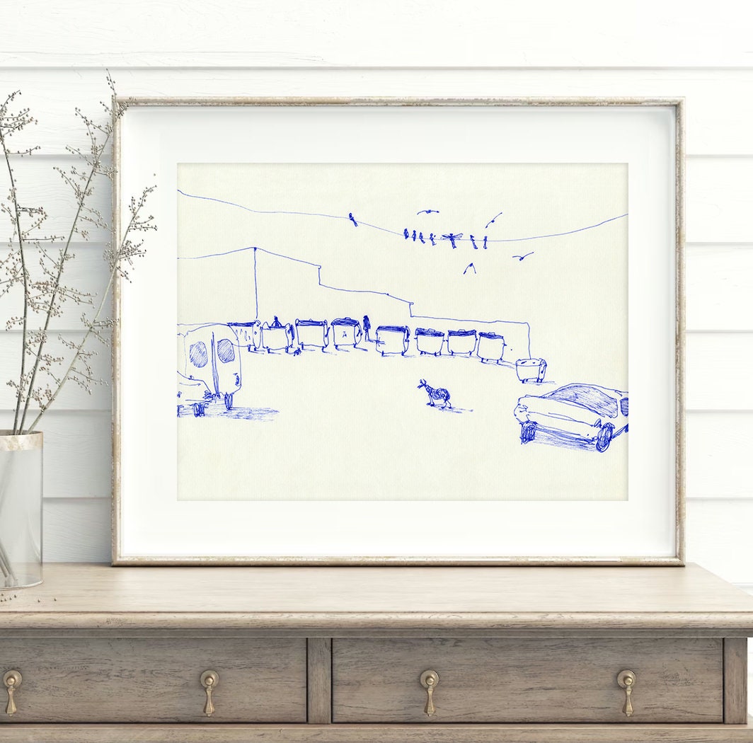 Urban Sketch Digital Print, Minimalist Decor, Printable Modern Art, Trash Cans Print, Dog Print, Hand Drawn Style Print, Pen and Ink art