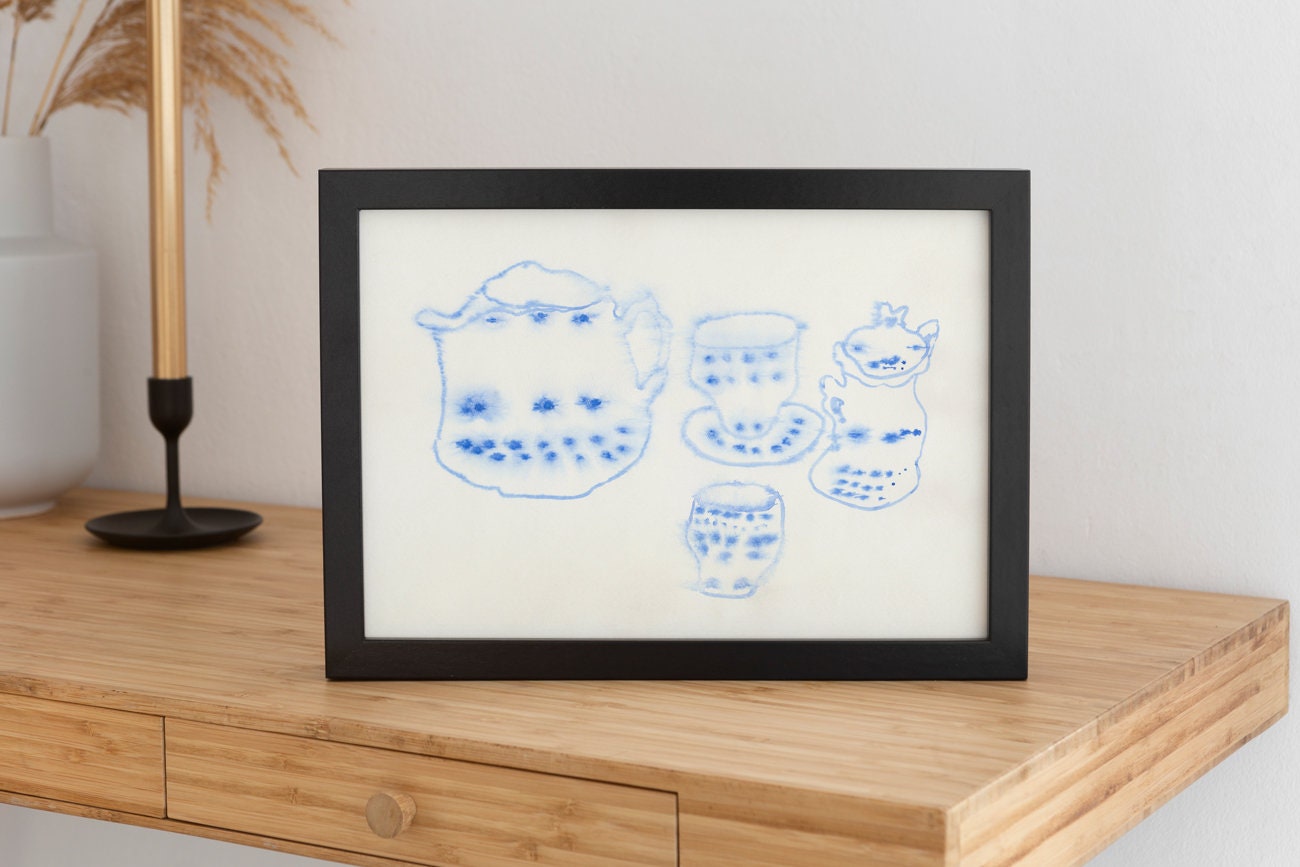 Victorian Tea Art Print, Porcelain Wall Decor, Digital Download, Kitchen Drawing, Kitchen Blue Accent, Farmhouse Printable Wall Art