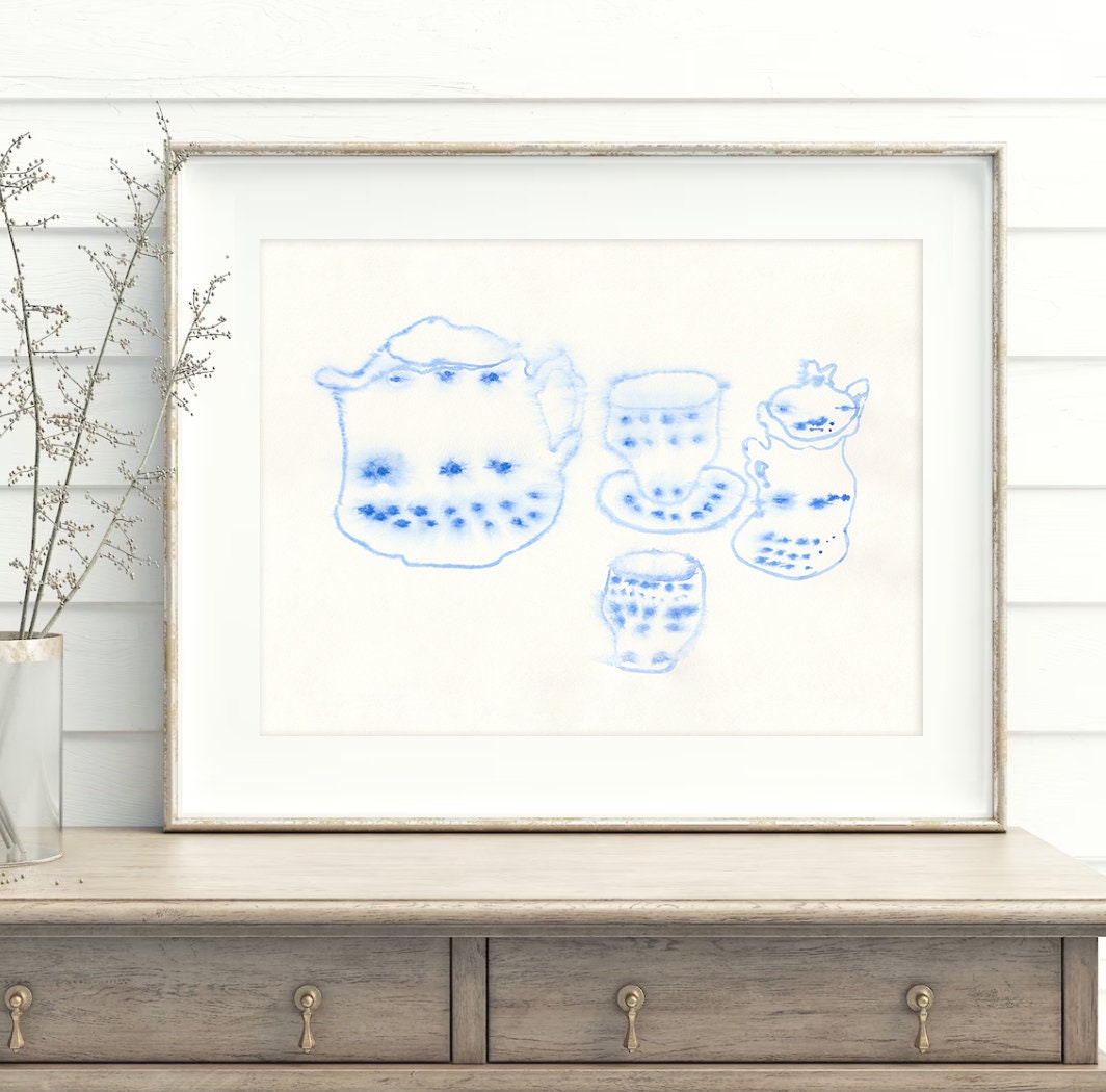 Victorian Tea Art Print, Porcelain Wall Decor, Digital Download, Kitchen Drawing, Kitchen Blue Accent, Farmhouse Printable Wall Art