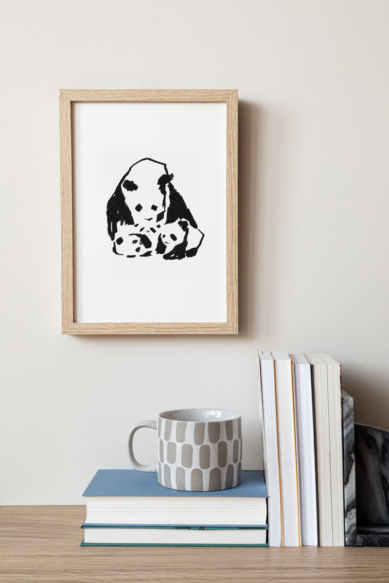 Panda Wall Art Print, Instant Download, Panda Mother with Baby Panda Art, Cute Animal Poster, Nursery Wall Decor, Bear Art, Minimalist Panda