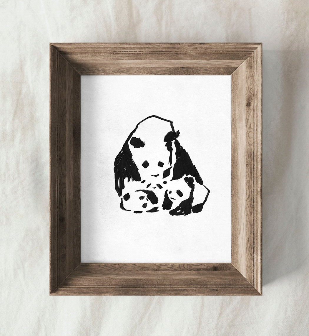 Panda Wall Art Print, Instant Download, Panda Mother with Baby Panda Art, Cute Animal Poster, Nursery Wall Decor, Bear Art, Minimalist Panda