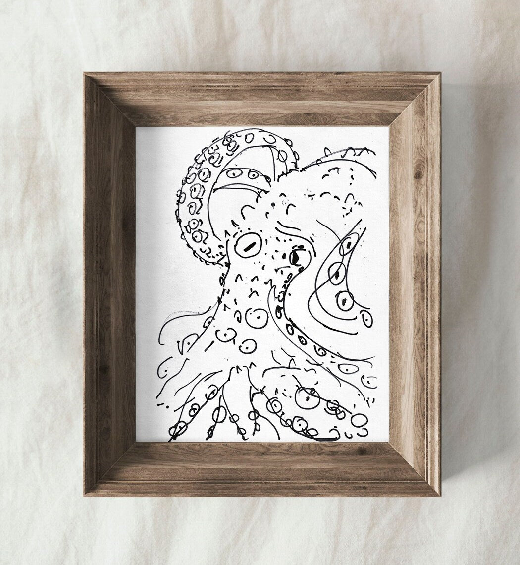 Octopus Poster, Nautical Decor, Bathroom art, Instant Download, Octopus Art, Tentacle Drawing, Black and White, Ocean Creature, Sea Animal