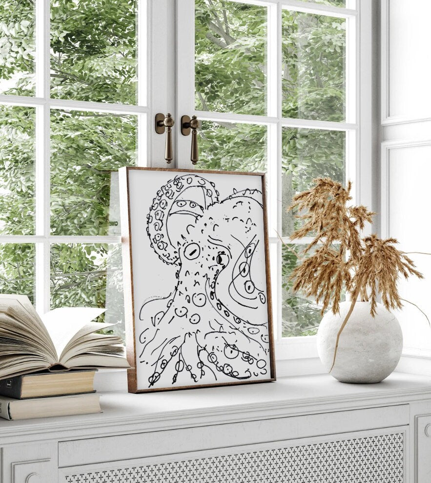 Octopus Poster, Nautical Decor, Bathroom art, Instant Download, Octopus Art, Tentacle Drawing, Black and White, Ocean Creature, Sea Animal