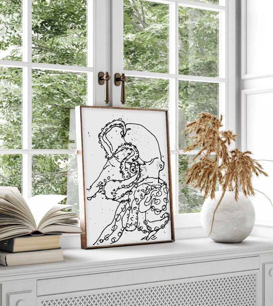 Nautical Bathroom Octopus Print, Housewarming gift idea, Digital Download, Octopus Black and White Drawing, Octopus Wall Decor