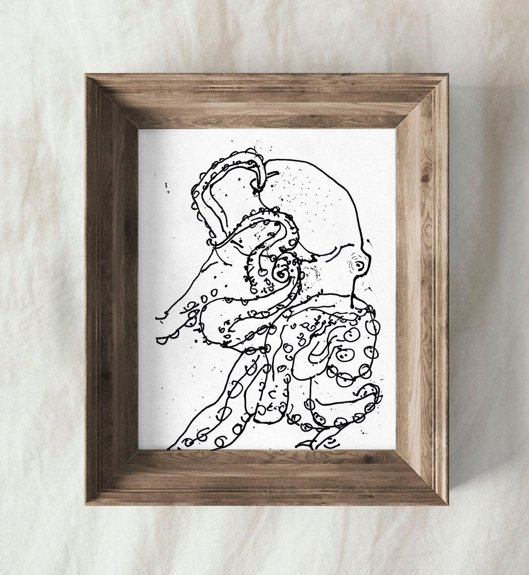 Nautical Bathroom Octopus Print, Housewarming gift idea, Digital Download, Octopus Black and White Drawing, Octopus Wall Decor