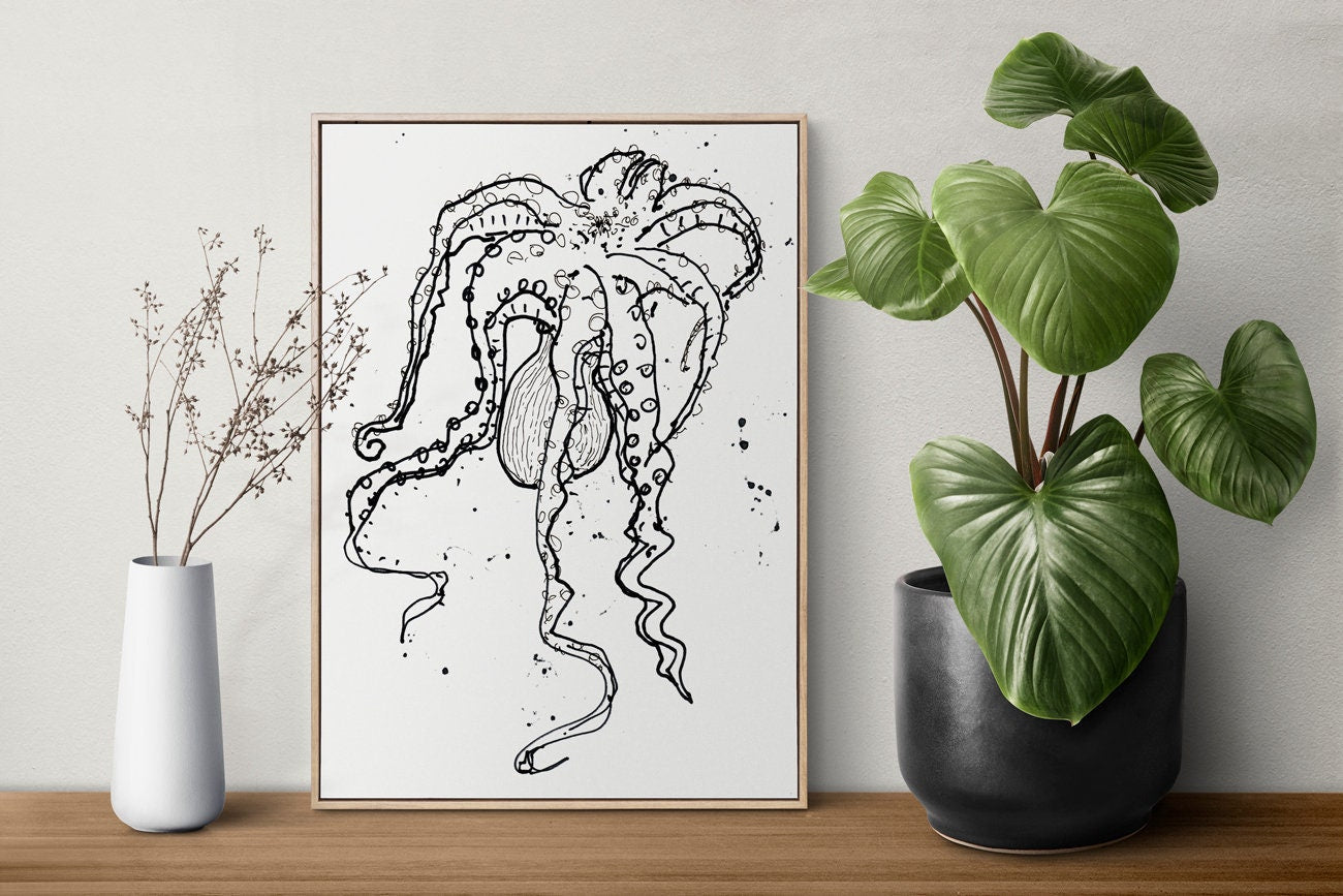Octopus Art, Kraken Nautical Print, Beach House, Sea Creature Wall Decor, Scuba Life Art, Underwater Pint, Octopus Illustration, Tentacles