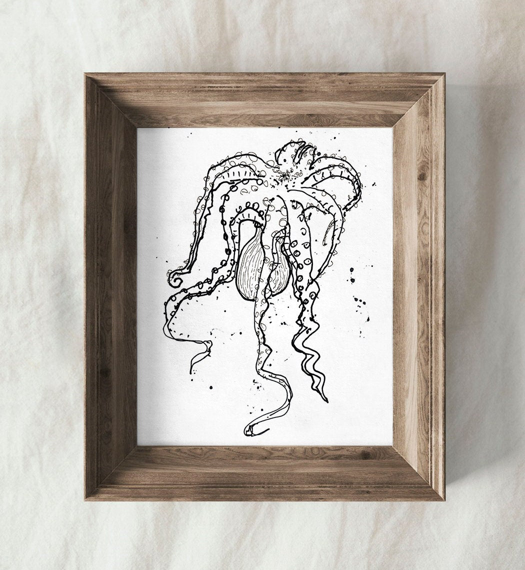 Octopus Art, Kraken Nautical Print, Beach House, Sea Creature Wall Decor, Scuba Life Art, Underwater Pint, Octopus Illustration, Tentacles