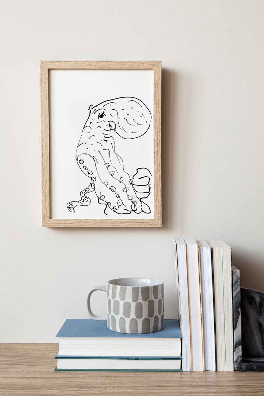 Octopus Lover Decor, Print for Nautical Room, Octopod Illustration, Octopus Png