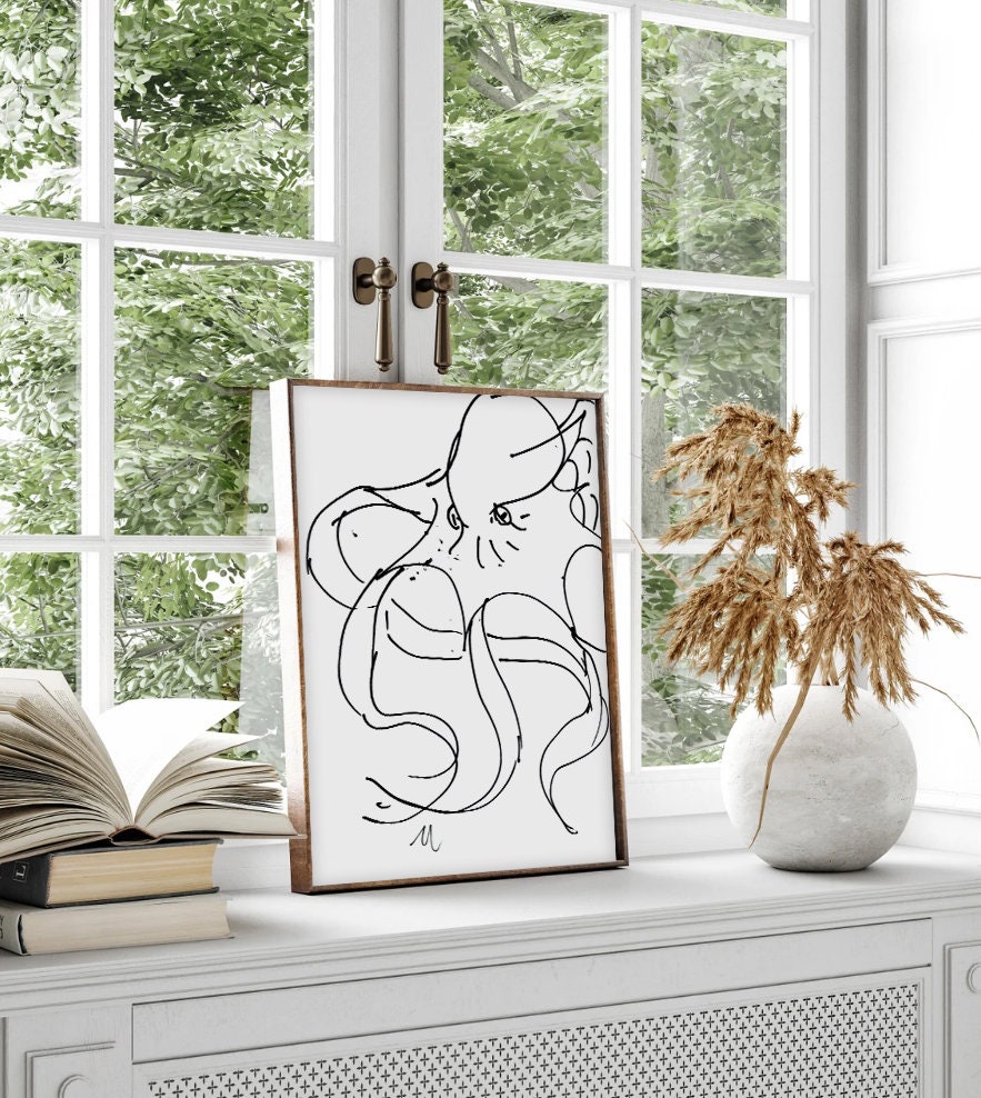 Whimsical Octopus Print, Digital Illustration, Ink Line Art, Sea Creature Poster, Kraken Wall Art