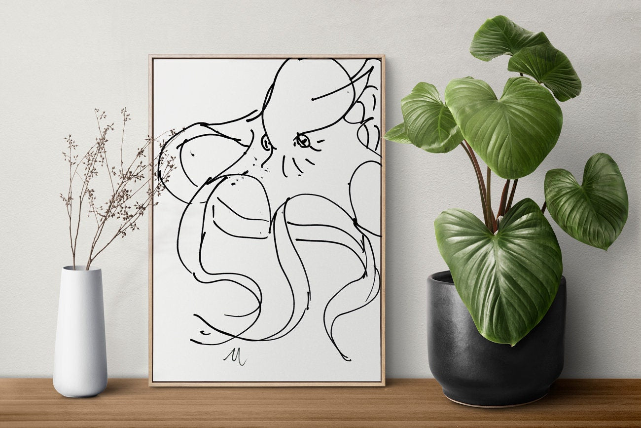 Whimsical Octopus Print, Digital Illustration, Ink Line Art, Sea Creature Poster, Kraken Wall Art