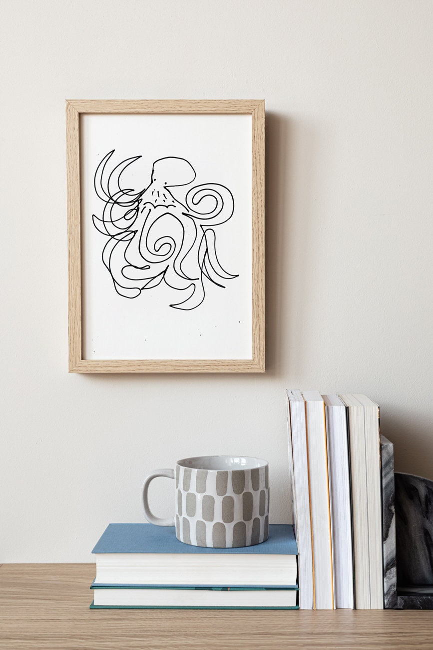 Funny Octopus Art, Ocean Baby Shower, Bathroom Octopod Sketch, Whimsical Octopus Drawing