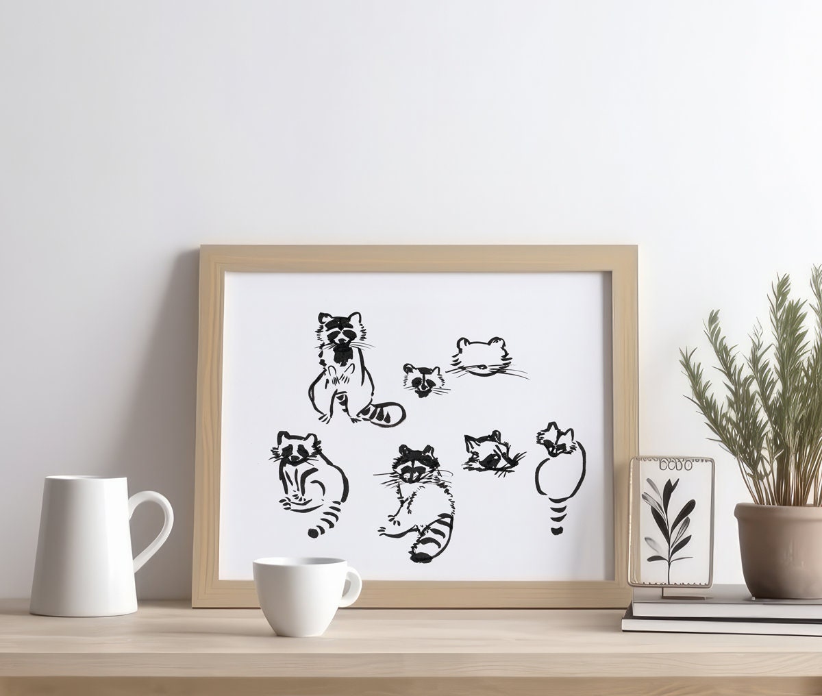Raccoon Art Printable, Ink Sketches of Raccoon, Digital Download, Woodland Decor
