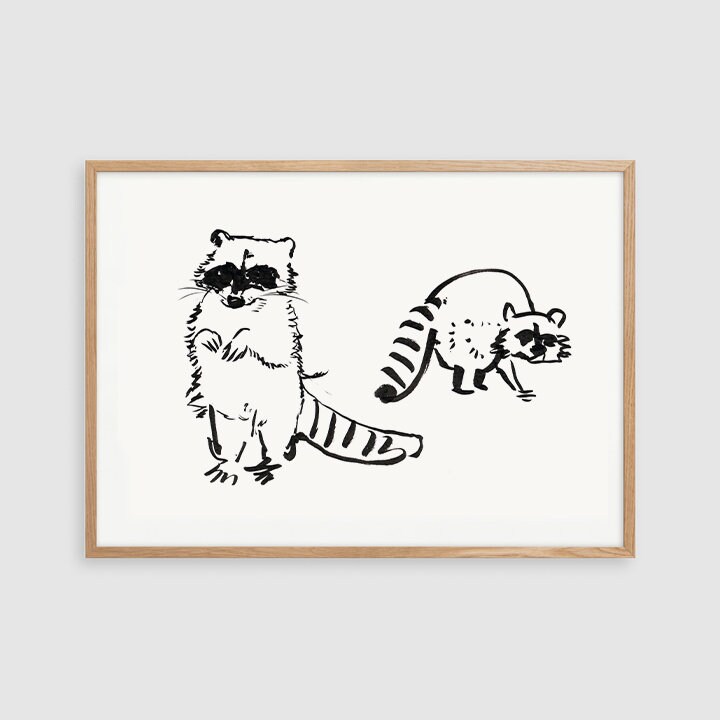 Raccoon Art, Digital Download, Raccoon Decor, Forest Cat, Black and White Animal, Woodland Room Decor