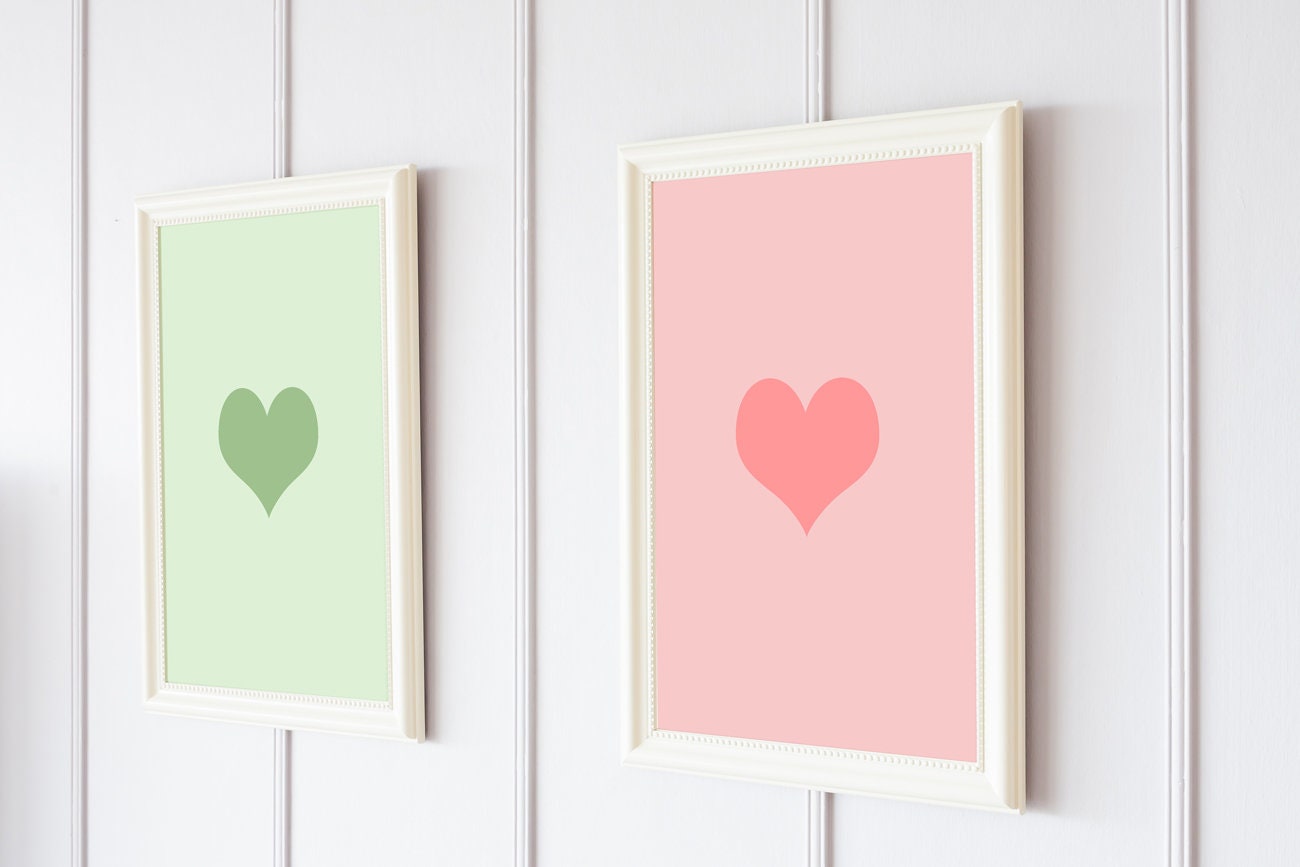 Heart Print Set of 3, Digital Download, Valentines Day Decor, Heart Bundle Printable Art, Romantic Gallery Wall, Cute Green Rose Blue Print