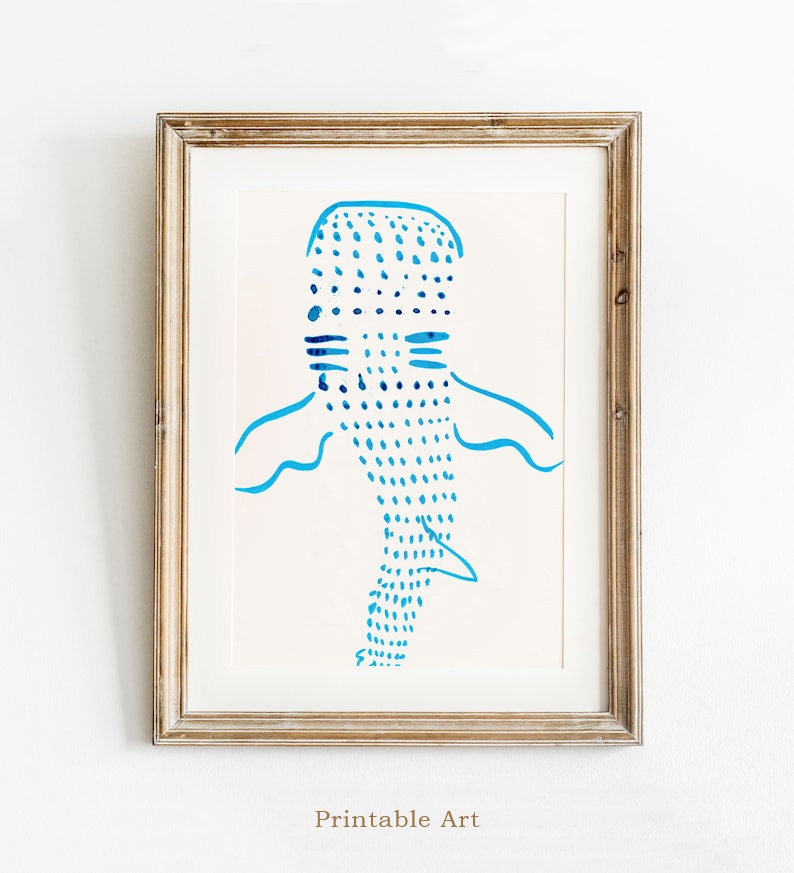 Nursery Nautical Art, Blue Whale Shark Digital Download Print, Ink Drawing for Home, Sea Kids Room Art, Ocean Wall Art, Baby Shower Decor