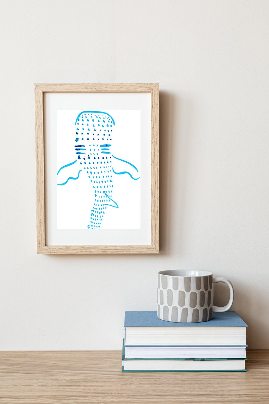 Nursery Nautical Art, Blue Whale Shark Digital Download Print, Ink Drawing for Home, Sea Kids Room Art, Ocean Wall Art, Baby Shower Decor