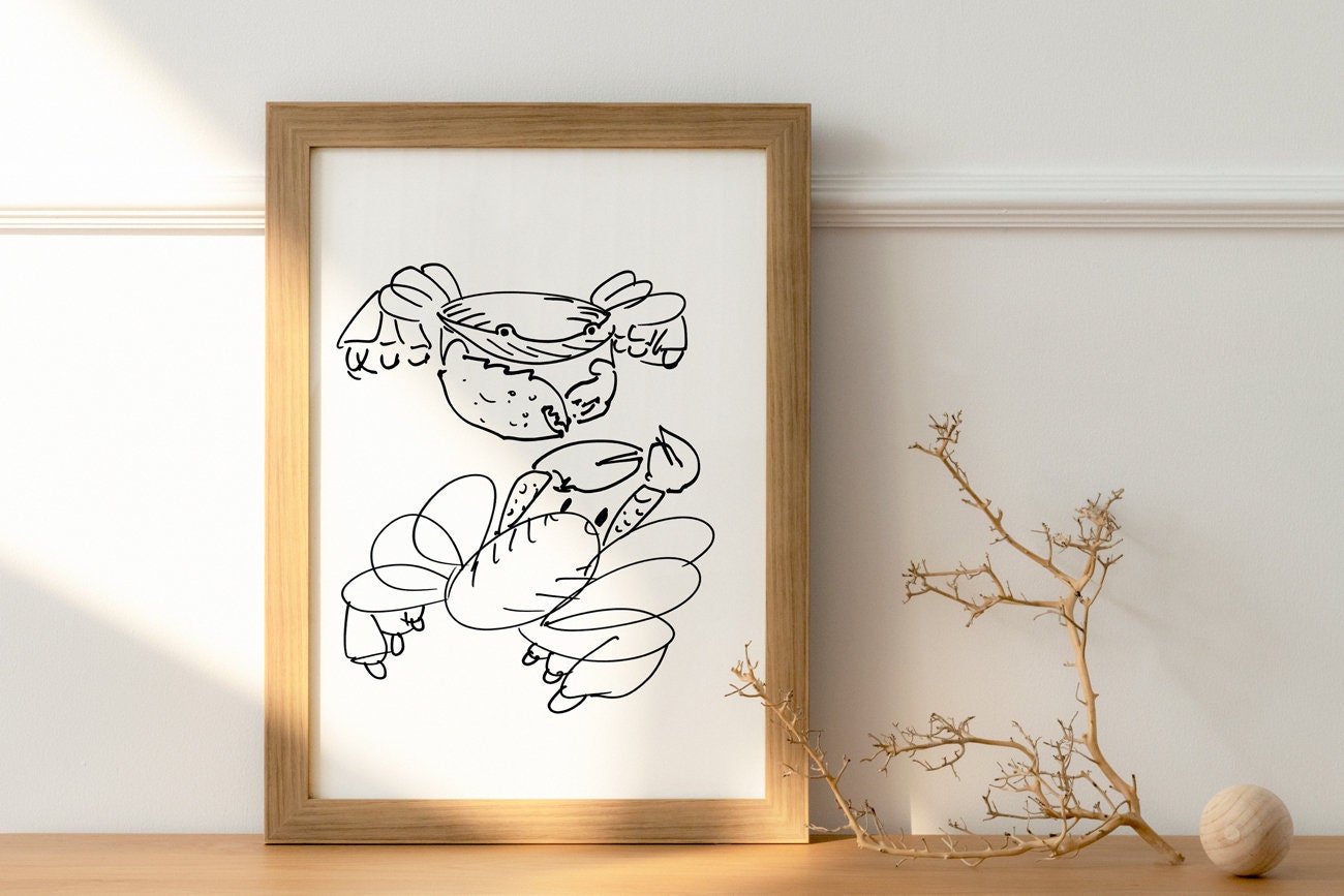 Crabs Illustration Print, Funny Marine Life Art, Sea Creature, Crusta Wall Art, Crab Line Art