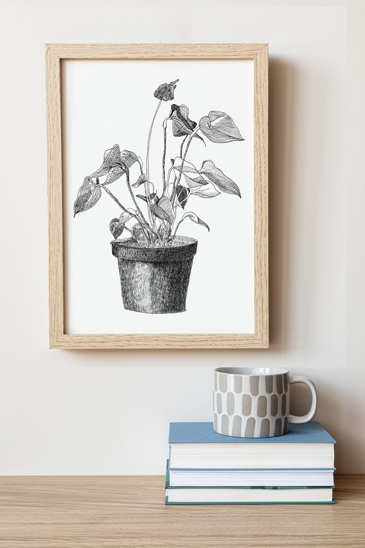 Anthurium Print, Botanical Wall Art, Black and White Floral Art, Home Plant in a flowerpot, Plants Lover Gift, Digital Download, Drawing