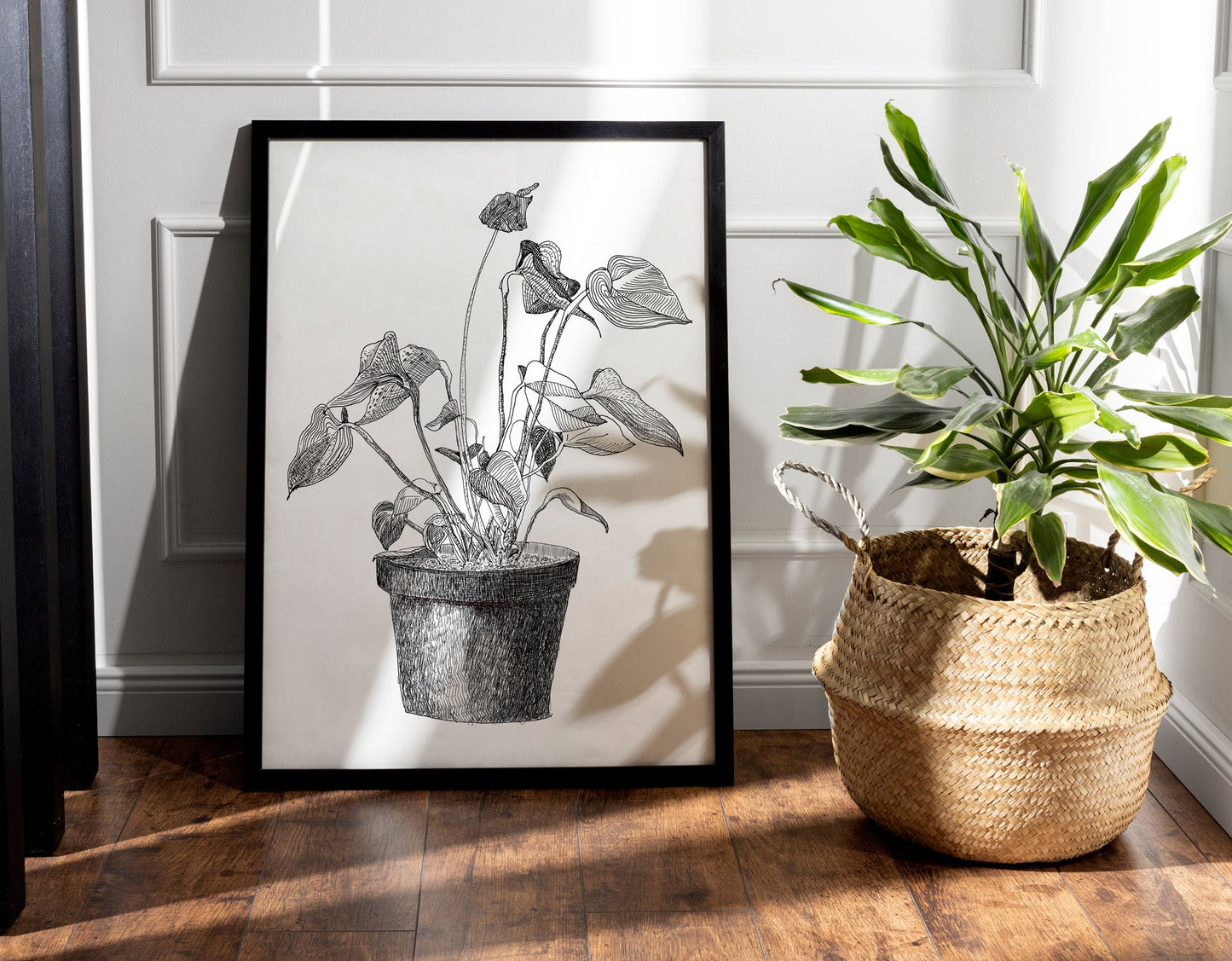Anthurium Print, Botanical Wall Art, Black and White Floral Art, Home Plant in a flowerpot, Plants Lover Gift, Digital Download, Drawing