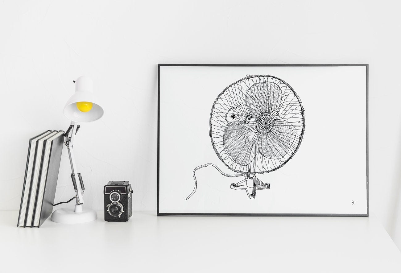 Electric Fan Art Print, Digital Download, Home Decor, Summer Print, Ink Illustration, Line Art Printable, Simple and Minimalist Decor
