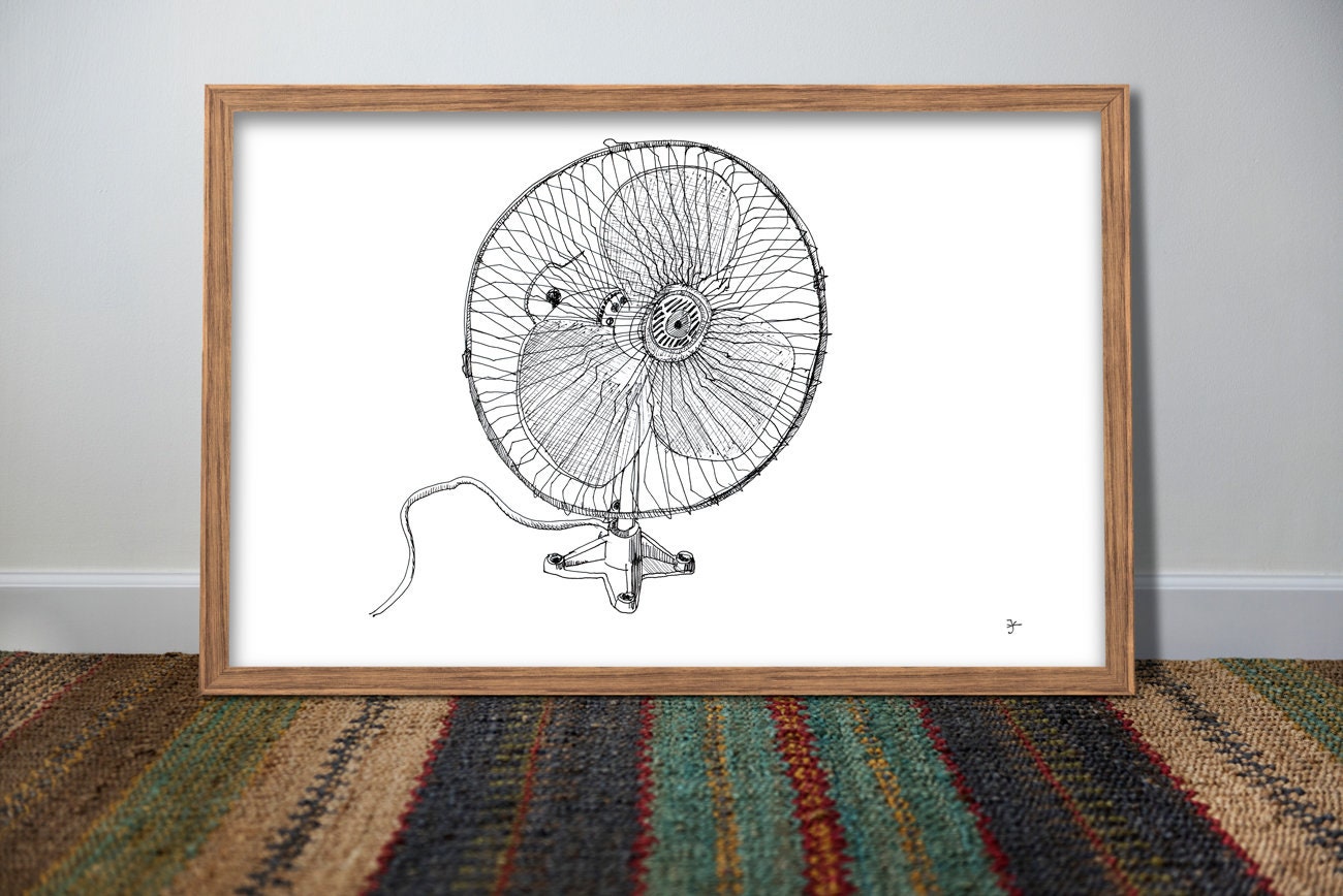 Electric Fan Art Print, Digital Download, Home Decor, Summer Print, Ink Illustration, Line Art Printable, Simple and Minimalist Decor