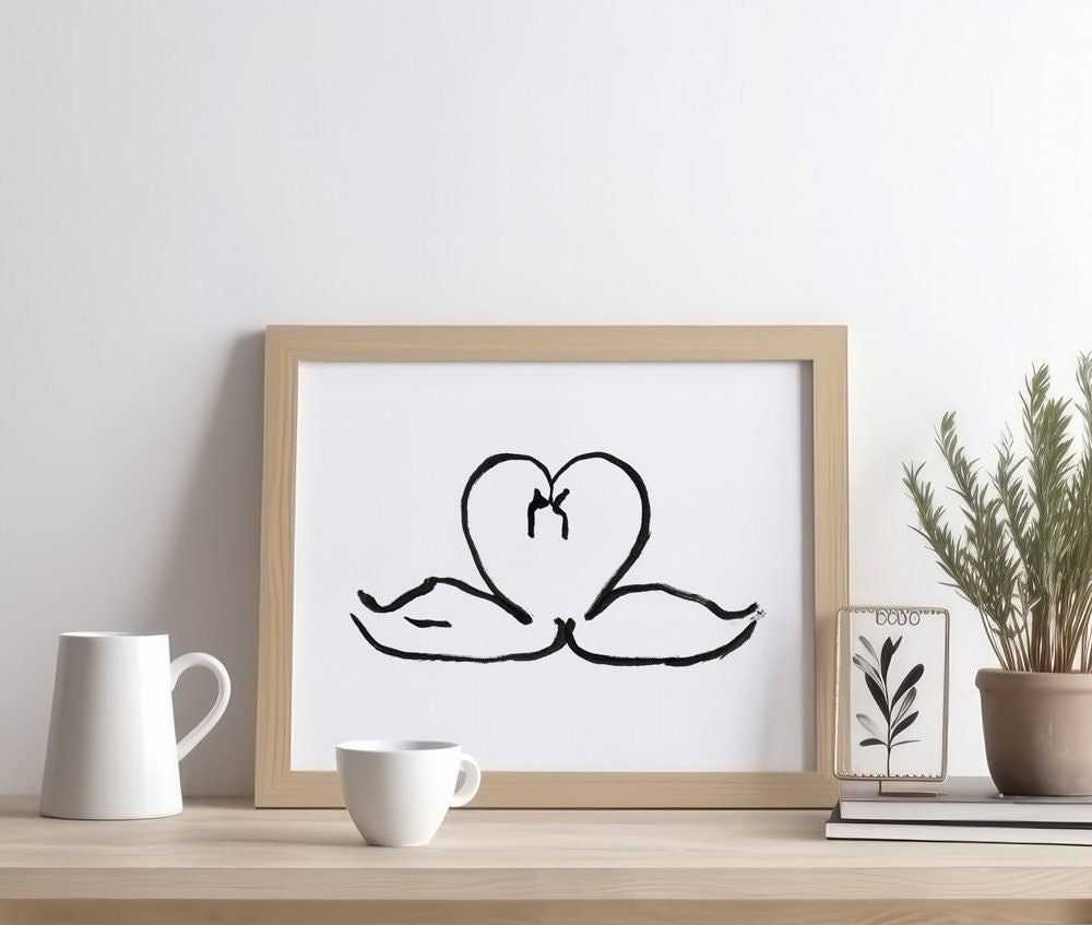 Swan Digital Print, Love Wall Art, Bird Lover Gifts, Swan Heart Art, Black and White Swan Print, Swan Wall Art, Swan Baby Shower