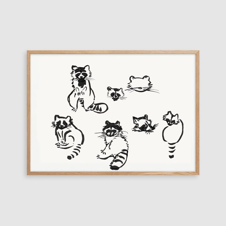 Raccoon Art Printable, Ink Sketches of Raccoon, Digital Download, Woodland Decor