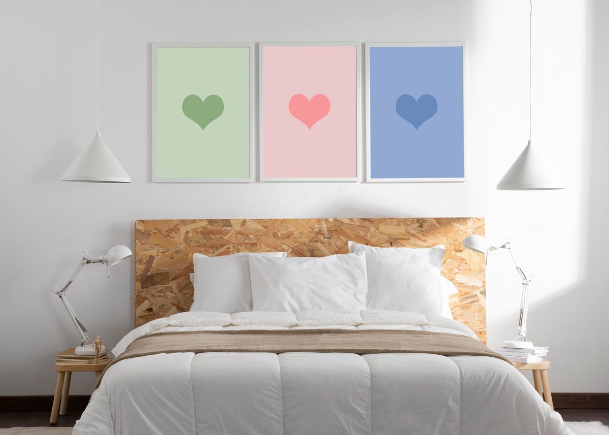 Heart Print Set of 3, Digital Download, Valentines Day Decor, Heart Bundle Printable Art, Romantic Gallery Wall, Cute Green Rose Blue Print