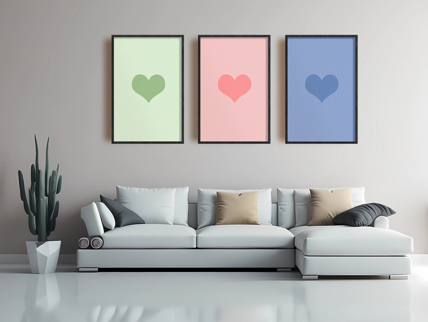 Heart Print Set of 3, Digital Download, Valentines Day Decor, Heart Bundle Printable Art, Romantic Gallery Wall, Cute Green Rose Blue Print