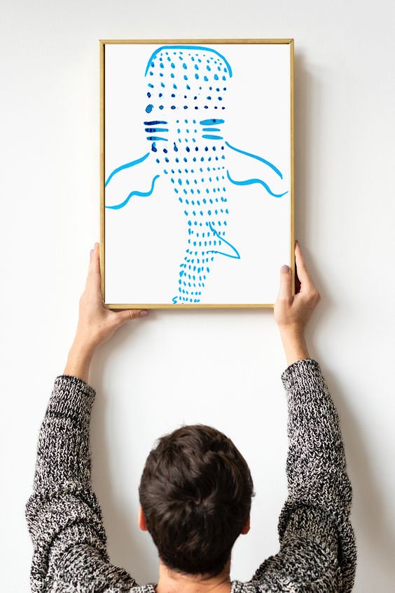 Nursery Nautical Art, Blue Whale Shark Digital Download Print, Ink Drawing for Home, Sea Kids Room Art, Ocean Wall Art, Baby Shower Decor