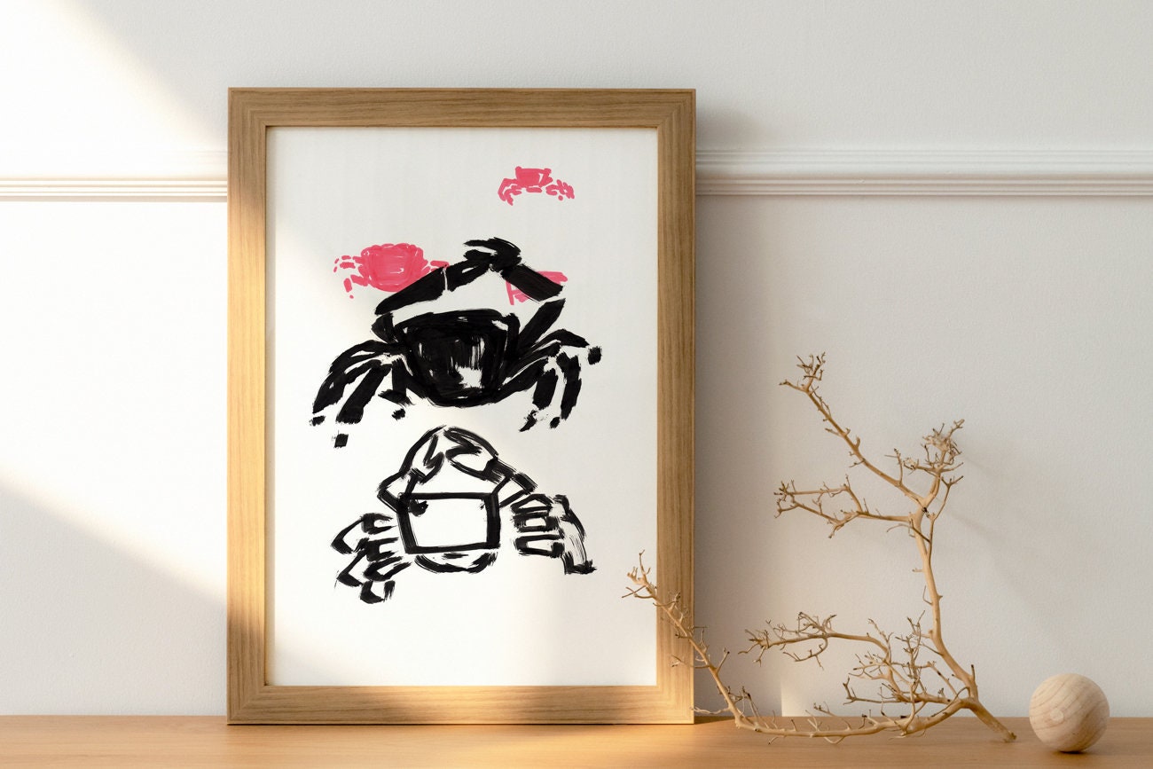 Crab Printable, Digital Download, Nautical Gallery Art, Coastal Decor, Black and White crab, Crab Illustration, Red Crab, Black Crab