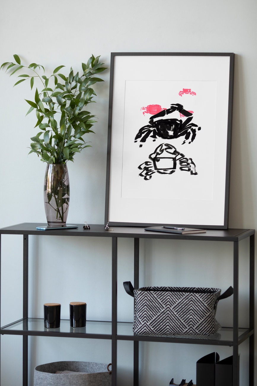 Crab Printable, Digital Download, Nautical Gallery Art, Coastal Decor, Black and White crab, Crab Illustration, Red Crab, Black Crab