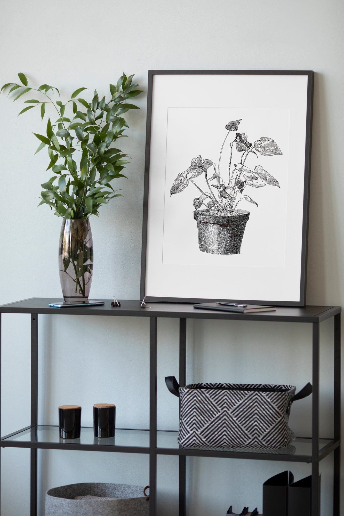 Anthurium Print, Botanical Wall Art, Black and White Floral Art, Home Plant in a flowerpot, Plants Lover Gift, Digital Download, Drawing