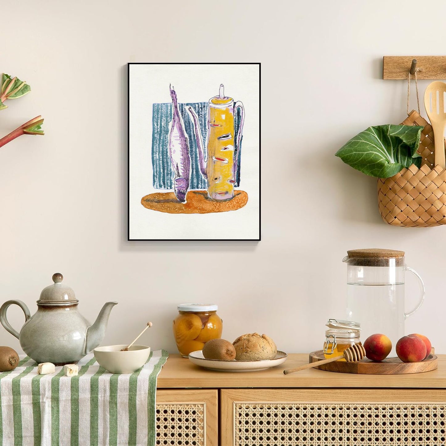 Food and Drink Print, Dinning Room Art, Kitchen Poster, Fish Wall Art, Tea Kettle Painting, Instant Download, Watercolor Kitchen Art