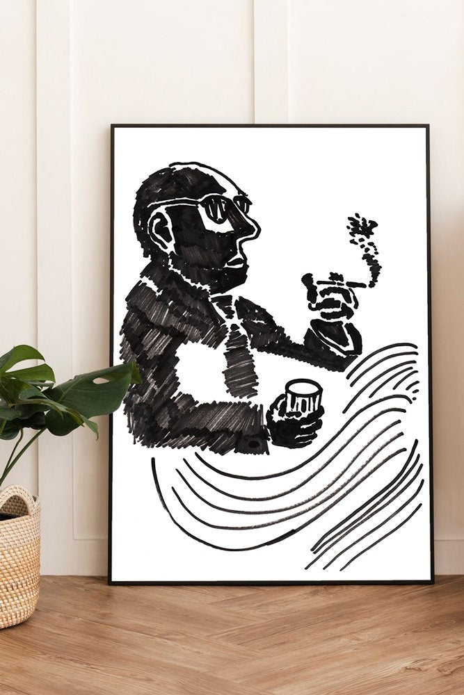 Bar Cart Wall Decor, Digital Download, Cigarette Print, Drink Printable, Modern Wall Art, Ink Drawing, Contemporary Poster, Relax Print