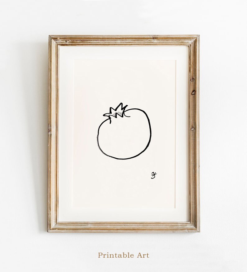 Pomegranate Print, Minimalist Fruit Wall Art, Instant Download, Pomegranate Ink Drawing, Winter Fruit Printable, Kitchen Black and White