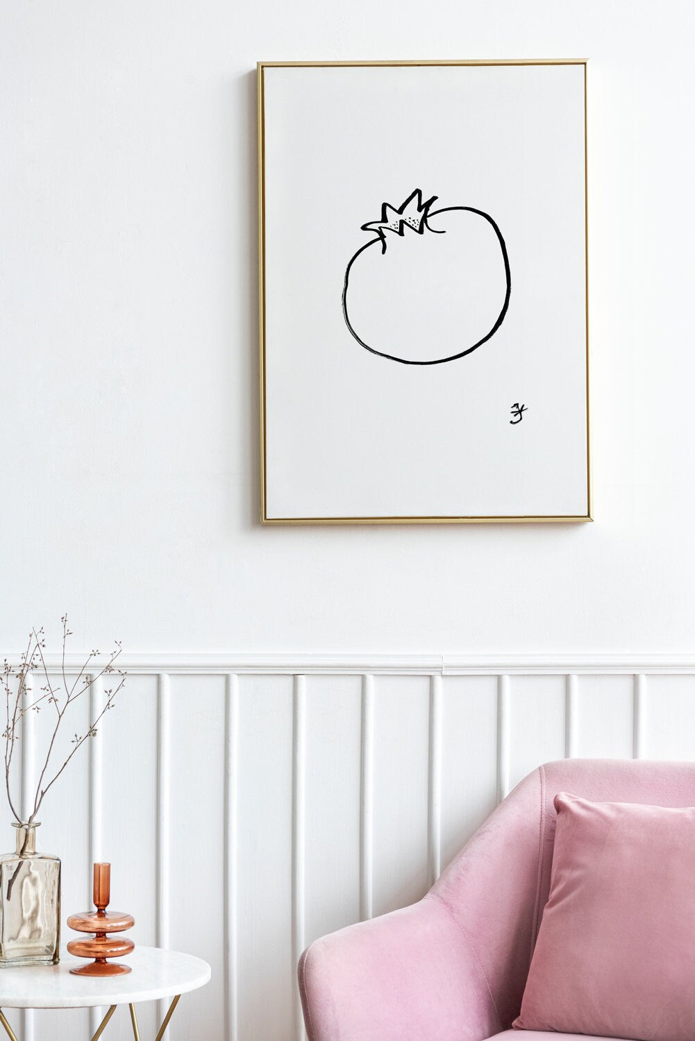 Pomegranate Print, Minimalist Fruit Wall Art, Instant Download, Pomegranate Ink Drawing, Winter Fruit Printable, Kitchen Black and White