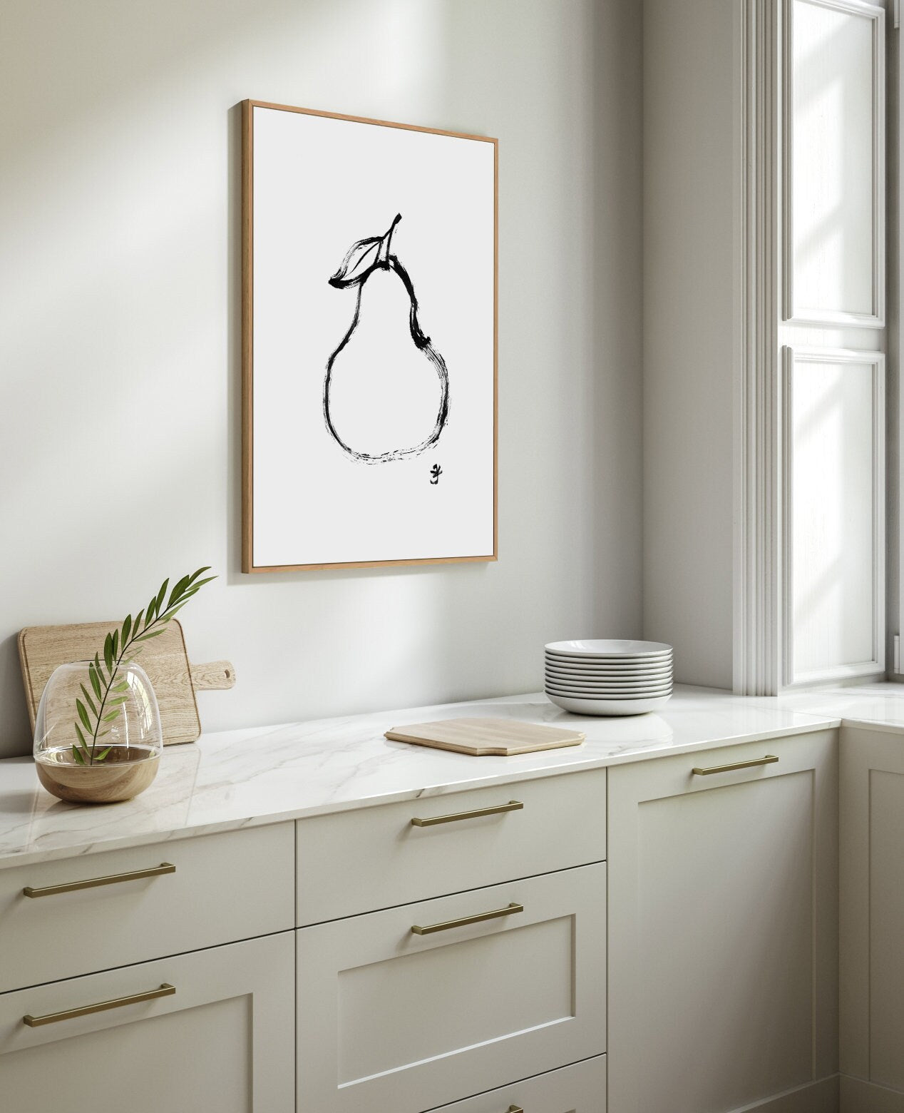 Pear Poster, Minimalist Digital Download, Kitchen Wall Art, Simple Home Wall Decor, Fruit Ink Drawing, Dinner Room Art, Black and White Art