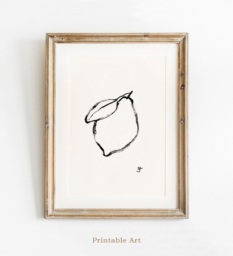 Minimalist Lemon Print, Black and White Dinner Room Wall Art, Still Life Drawing, Fruit Decor, French Kitchen Art, Citrus Digital Download