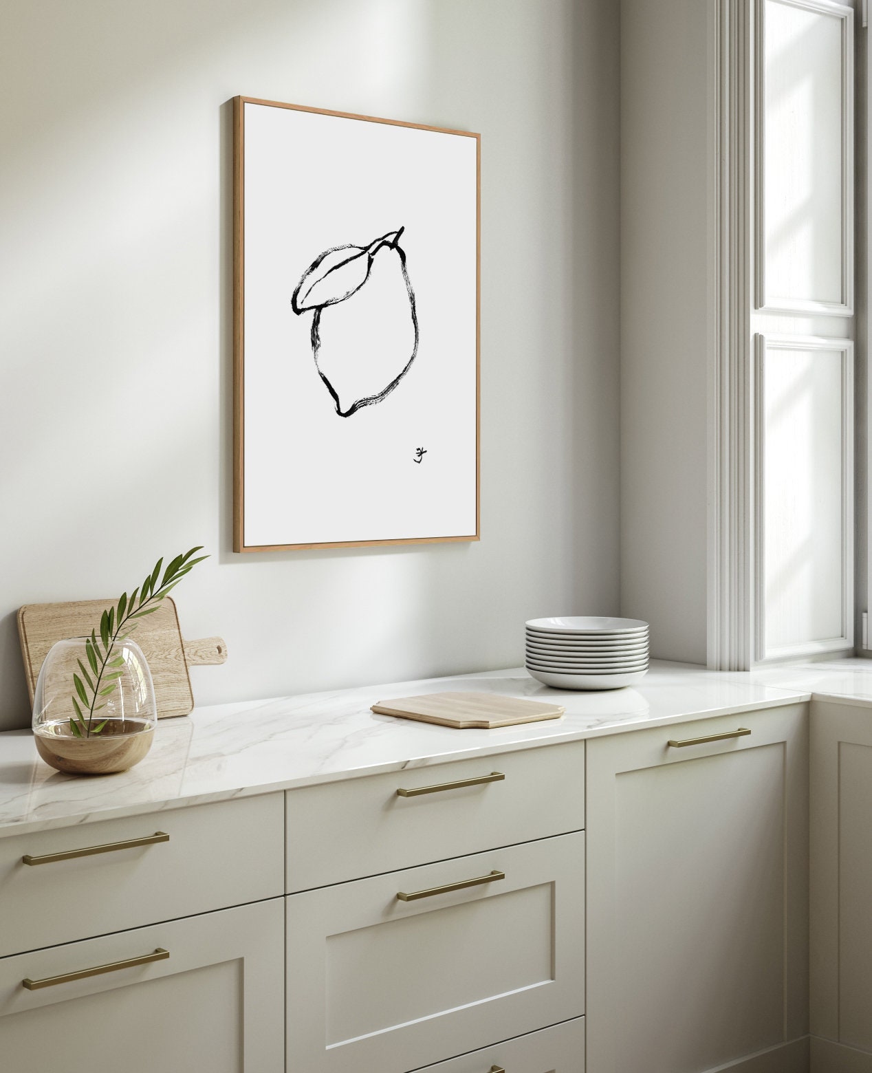 Minimalist Lemon Print, Black and White Dinner Room Wall Art, Still Life Drawing, Fruit Decor, French Kitchen Art, Citrus Digital Download