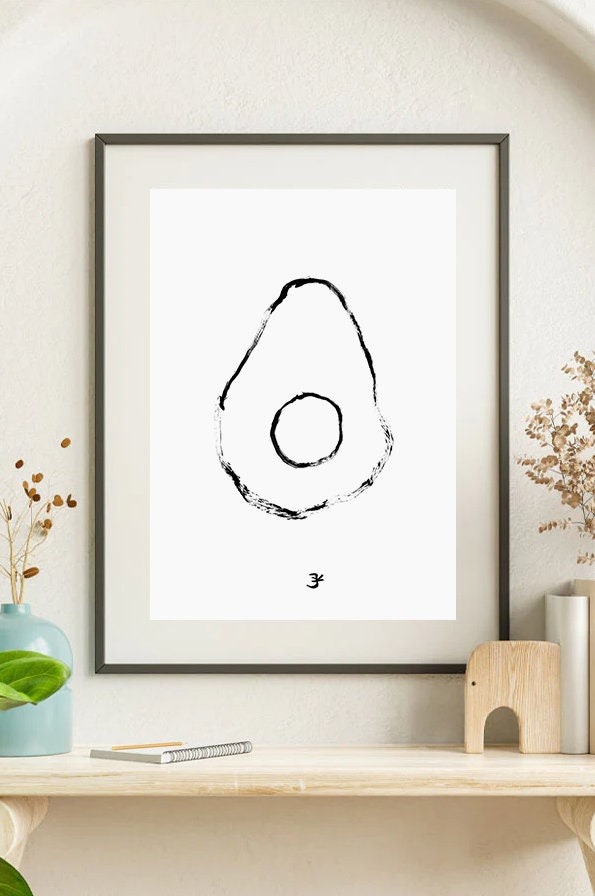 Minimalist Avocado Print, Simple Kitchen Decor, Avocado Gift, Fruit Market Print, Food Art, Ink Avocado Drawing, Cafe Poster, Botanical Art